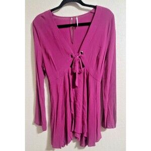 Free People Tunic Mini Dress SZ 12 Front Tie Pink Purple Peasant Hippie Boho